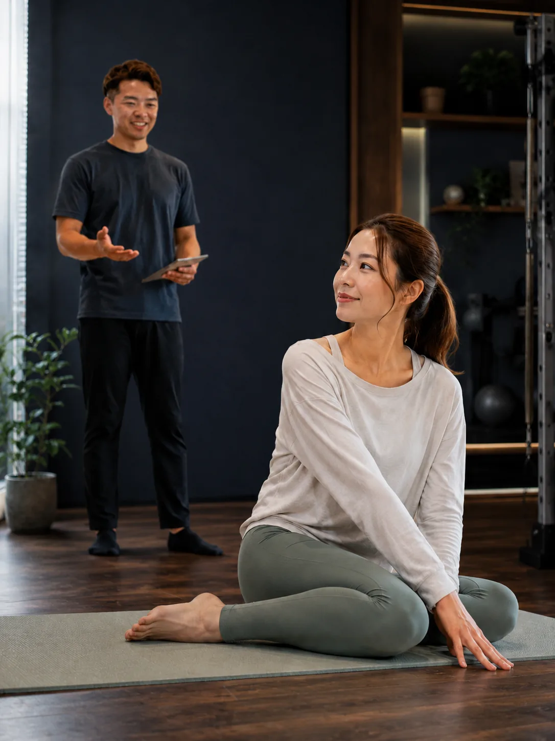 トレーナーと笑顔でトレーニングする様子